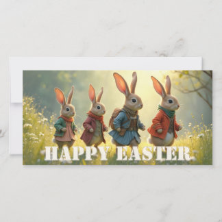 Carte Cute Easter Bunnies Walking in Spring Meadow