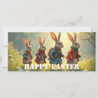 Carte Cute Easter Bunnies Walking in Spring Meadow
