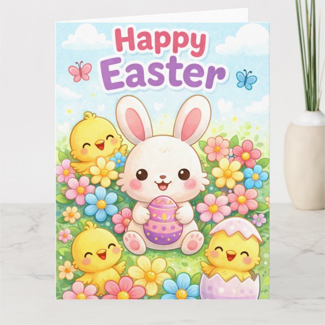 Carte Cute Easter Bunny & Chicks | Happy Easter (Devant)