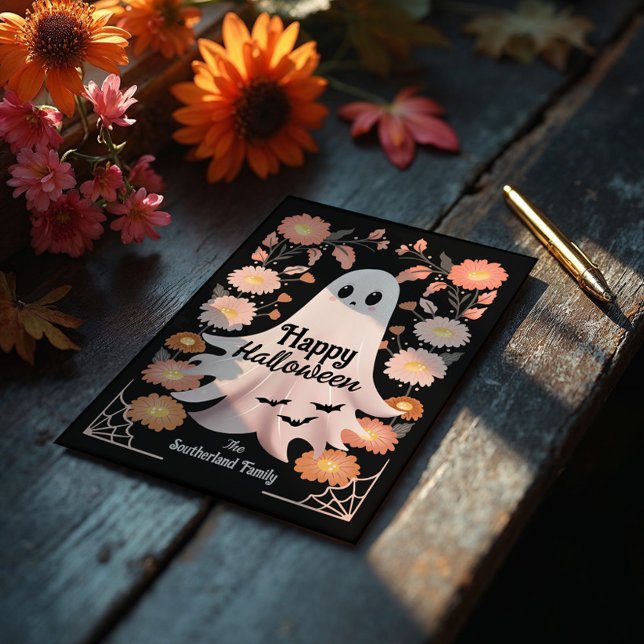 Carte Cute Éffrayant Fantôme Whimsical Halloween floral (Cute Spooky Ghost Whimsical Floral Halloween Card)