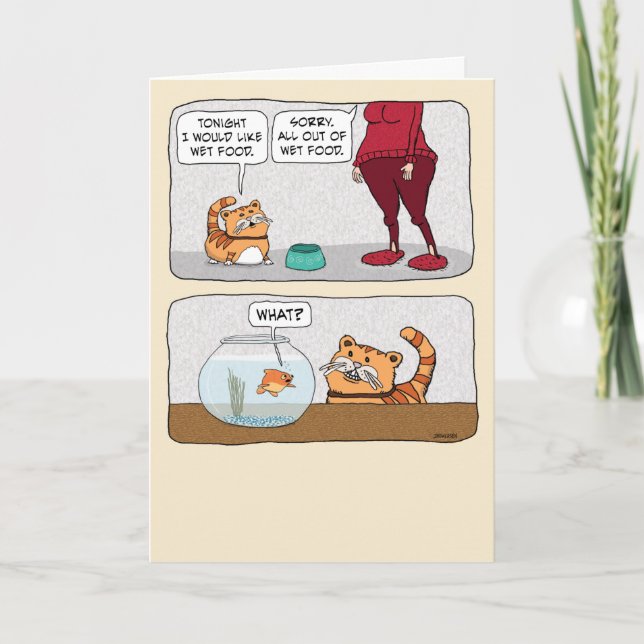 Carte Cute et drôle Faim Chat et poisson Anniversaire (Devant)