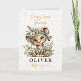 Carte Cute floral lion Happy 1st Birthday Greeting Card