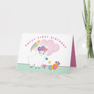 Carte Cute Fluffy Llama Girl Joyeux premier anniversaire