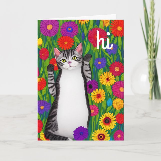 Carte Cute Folk Art Chat disant Hi parmi les fleurs (Devant)