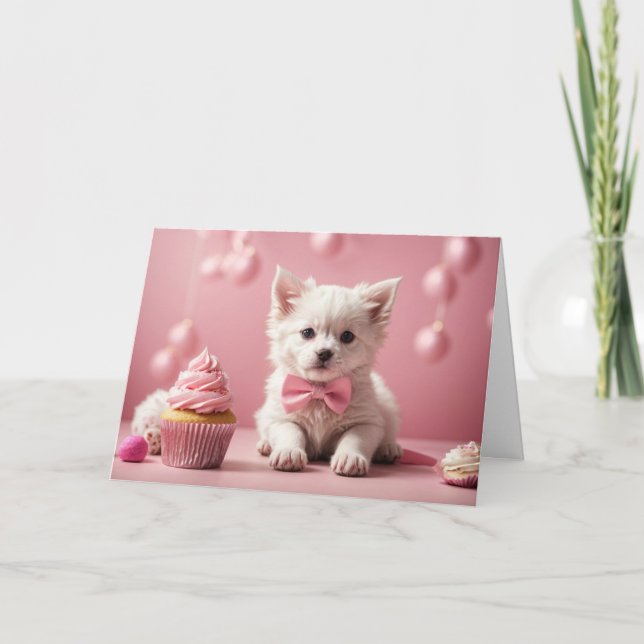 Carte Cute Funny Chien Rose Joyeux Cupcake d'anniversair (Devant)