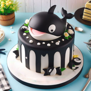 CARTE CUTE GÂTEAU D'ANNIVERSAIRE NOIR ET BLANC D'ORCA