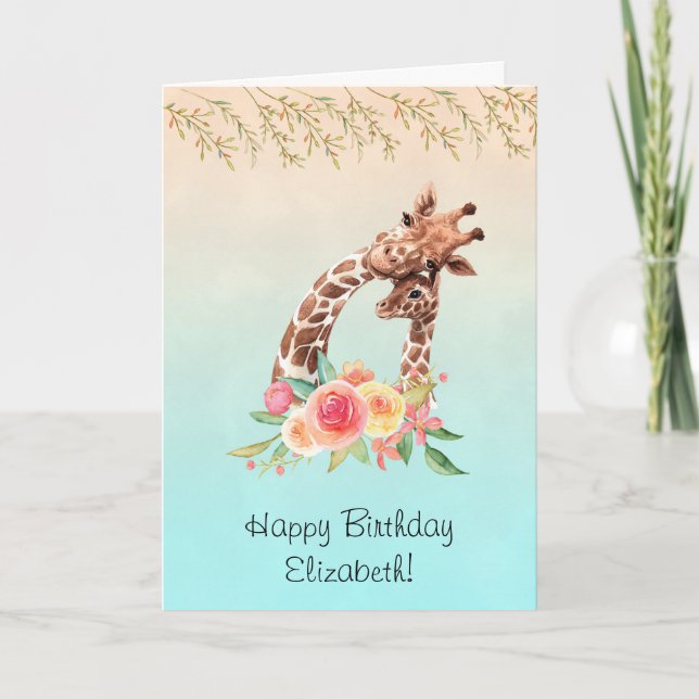 Carte Cute Giraffe Aquarelle Maman & Bébé Anniversaire (Devant)