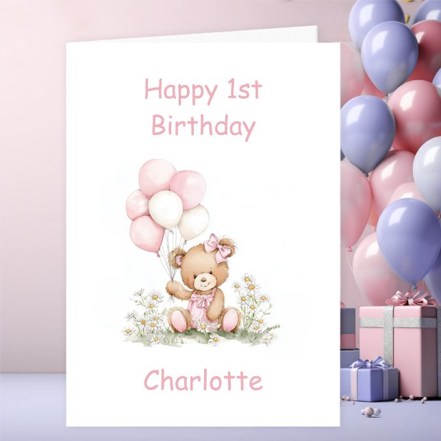 Carte Cute Girl Teddy Bear 1st Birthday (Créateur téléchargé)