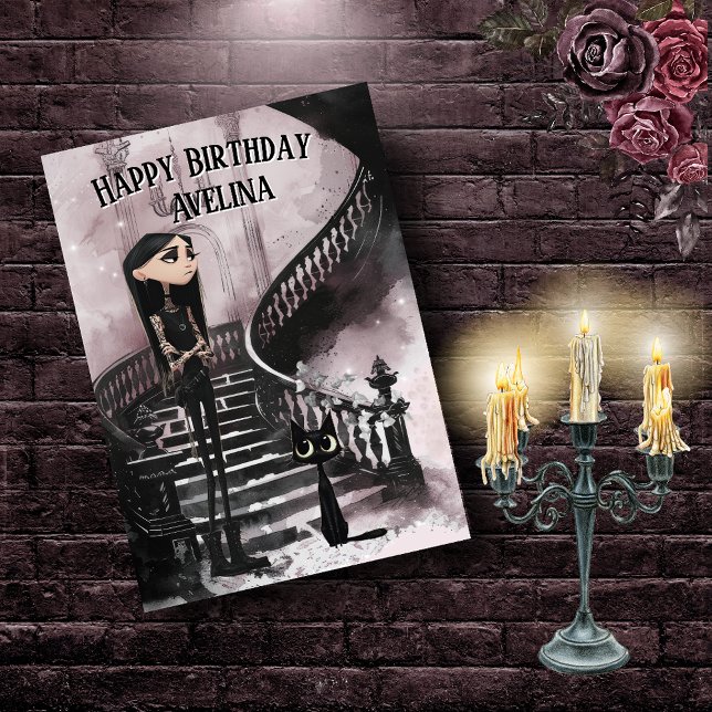 Carte Cute Gothic Girl With Her Black Cat Birthday Card (Créateur téléchargé)