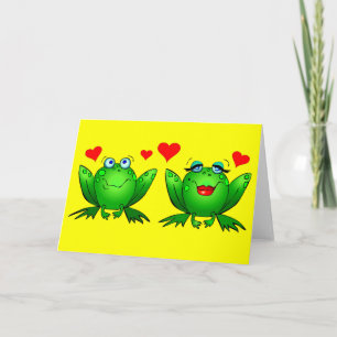 Carte Cute Green Cartoon Frogs Love Hearts Jaune Blank