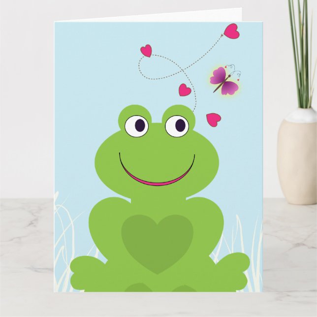Carte Cute grenouille et papillon.Joyeux anniversaire (Devant)