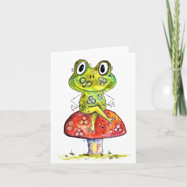 Carte Cute Grenouille verte Whimsical sur Toadstool (Devant)