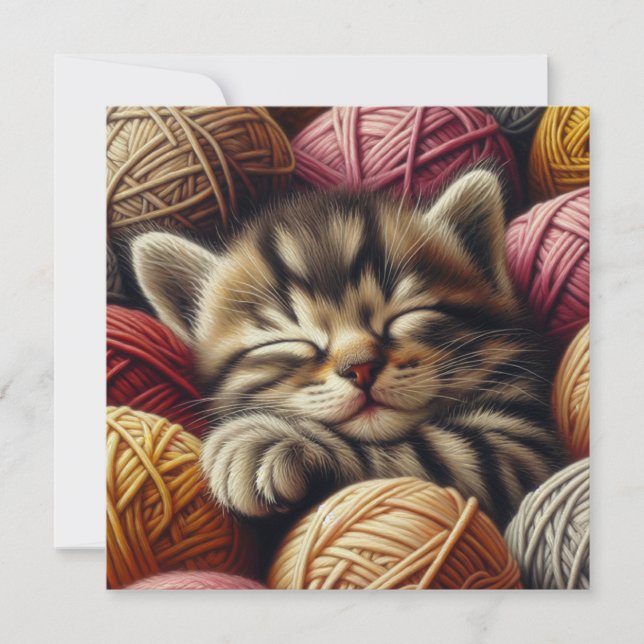 Carte Cute Grey Kitten Napping dans les boules de fils (Devant)