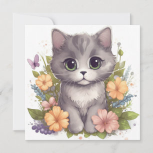 Carte Cute Grey Kitty avec Fleurs Kawaii Chibi