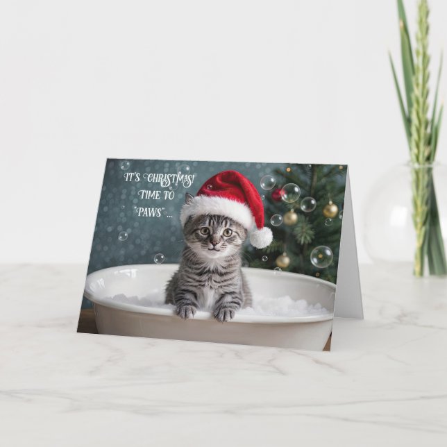 Carte Cute Grey Tabby Chat dans un bain de bulle Chapeau (Devant)