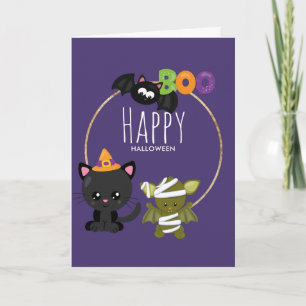 Carte Cute Halloween Chat, chauve-souris et maman Boo