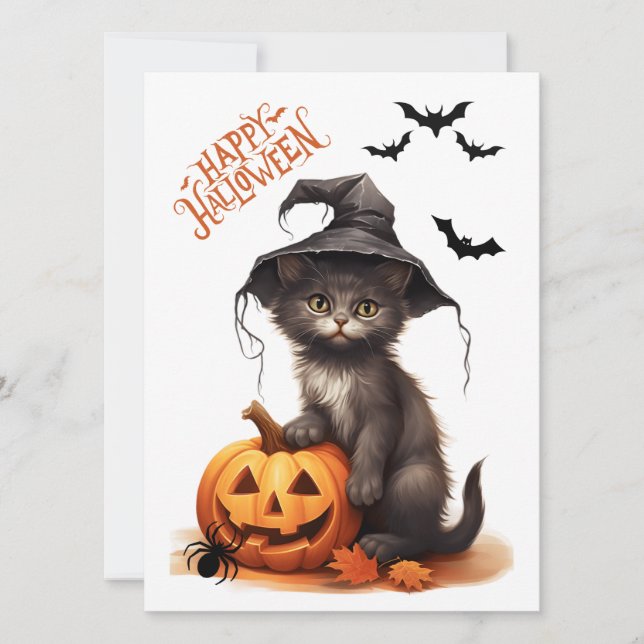 Carte Cute Halloween Chat noir, Citrouille et araignée (Devant)