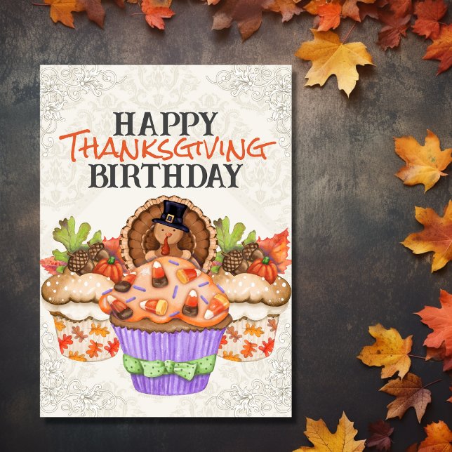 Carte Cute Holiday Cupcakes Bon thanksgiving anniversair (Front - Cute Holiday Cupcakes Happy Thanksgiving Birthday Card)
