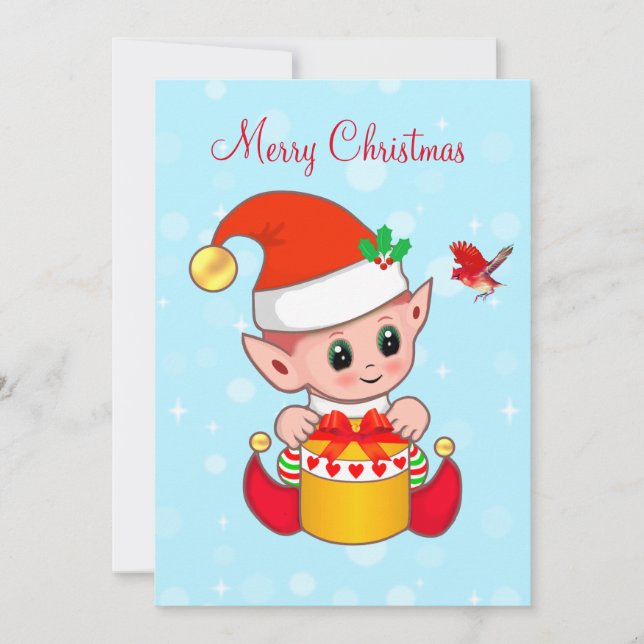 Carte Cute Jolly elf de Noël & oiseau cardinal (Devant)