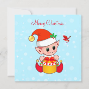 Carte Cute Jolly elf de Noël & oiseau cardinal