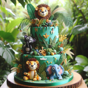 CARTE CUTE JUNGLE THÈME ANNIVERSAIRE DE ENFANT GÂTEAU
