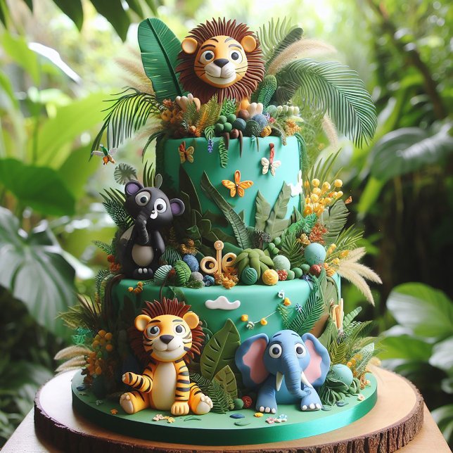 CARTE CUTE JUNGLE THÈME ANNIVERSAIRE DE ENFANT GÂTEAU (Créateur téléchargé)
