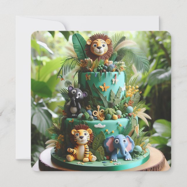 CARTE CUTE JUNGLE THÈME ANNIVERSAIRE DE ENFANT GÂTEAU (Devant)