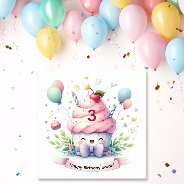 Carte Cute Kawaii Cupcake Rose Joyeux anniversaire (Créateur téléchargé)
