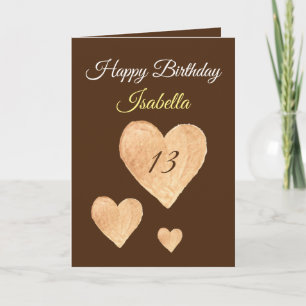 Carte Cute Khaki Watercolor Heart 13th Birthday
