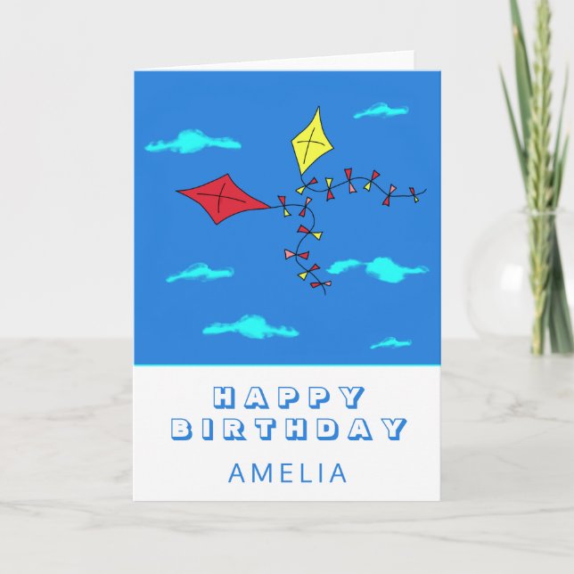 Carte Cute Kites Rouge Jaune avec nom Anniversaire de en (Devant)