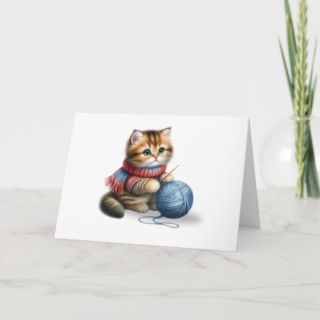 Carte Cute Kitten avec Écharpe et Fil Bleu Blanc Salutat (Devant)