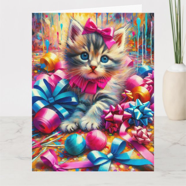 Carte Cute Kitten Jouer dans Bows Anniversaire Grand (Devant)