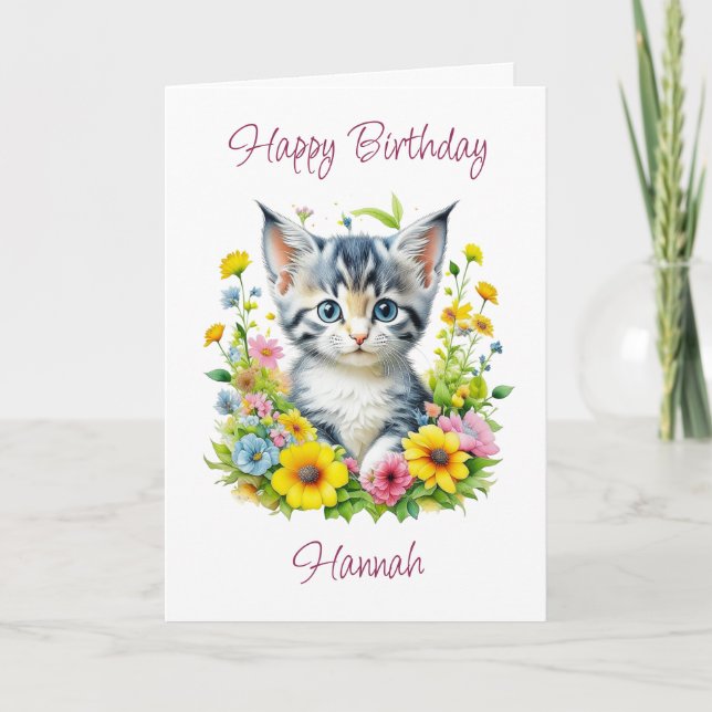 Carte Cute Kitten personnalisé en Fleurs Anniversaire (Devant)