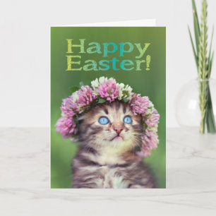 Carte Cute Kitten portant des fleurs sur sa tête Pâques
