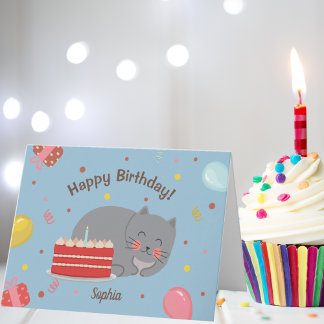 Carte Cute Kitty Chat Bleu Anniversaire