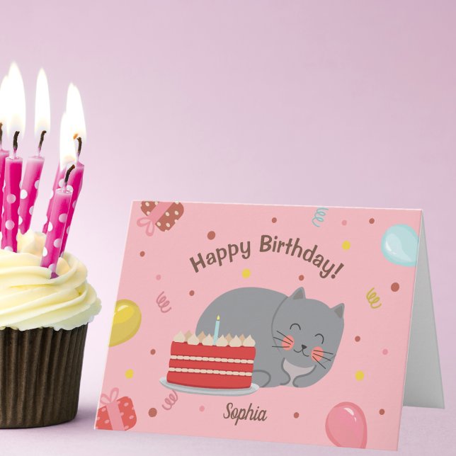 Carte Cute Kitty Chat rose fête d'anniversaire (Créateur téléchargé)