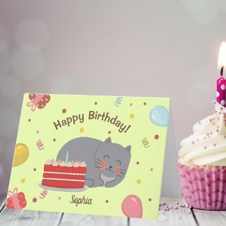 Carte Cute Kitty Chat Vert fête d'anniversaire