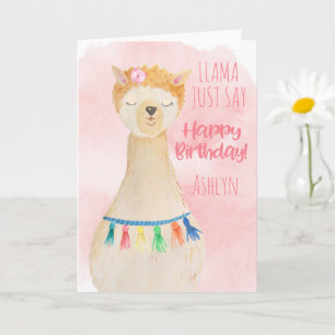 Carte Cute Llama Girly Rose Personnalisé Anniversaire