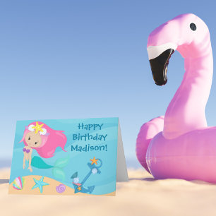 Carte Cute Mermaid Girl Custom Kids Beach Joyeux anniver