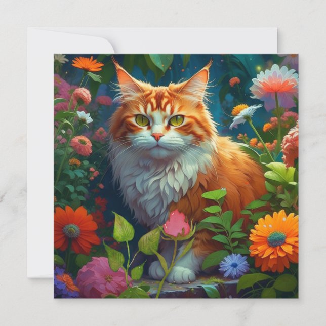 Carte Cute Orange Chat en Fleurs (Devant)