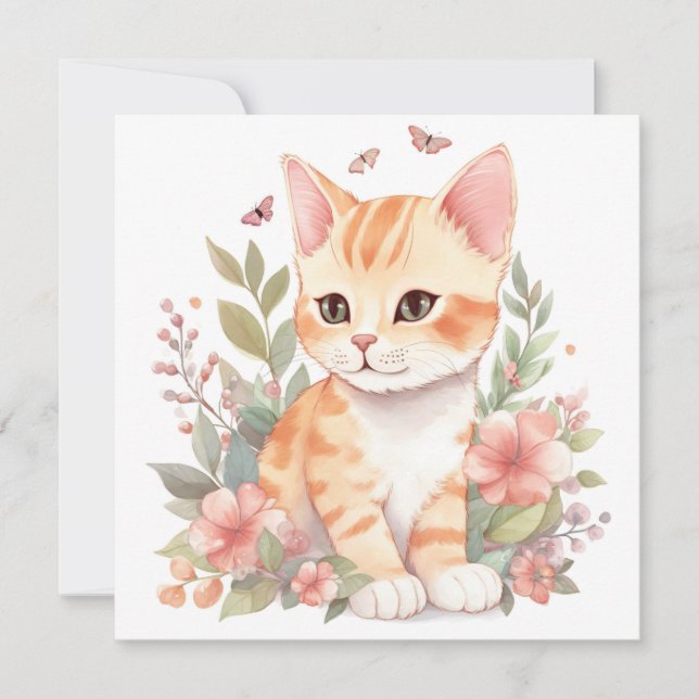 Carte Cute orange Tabby Kitten avec Fleurs Aquarelle (Devant)