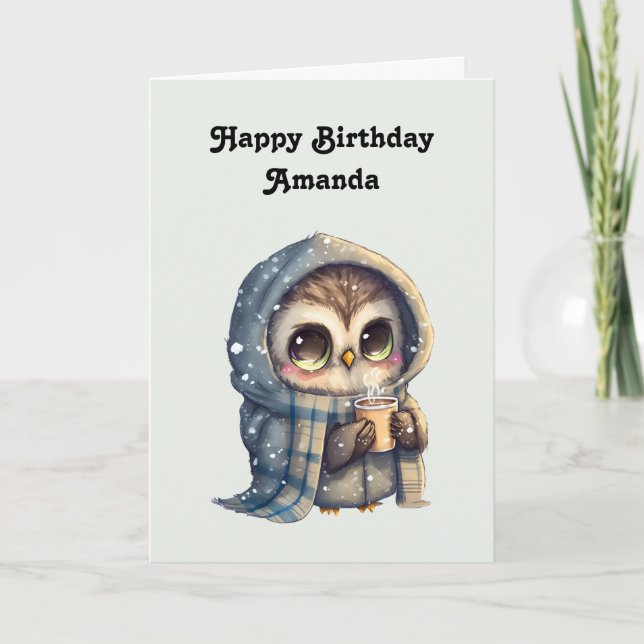 Carte Cute Owl tenant un café anniversaire (Devant)