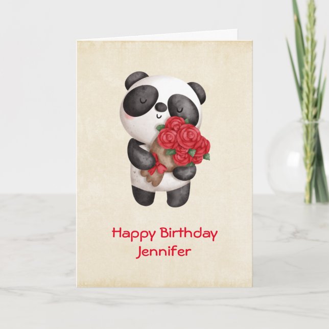 Carte Cute Panda Bear avec Rose Bouquet Anniversaire (Devant)