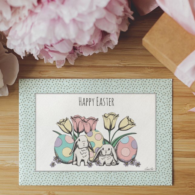 Carte Cute Pastel Joyeux Bunnies Pâques & Oeufs Enfants (Adorable Easter Greeting Card, hand-drawn illustration with cute bunnies, Easter eggs & tulips)
