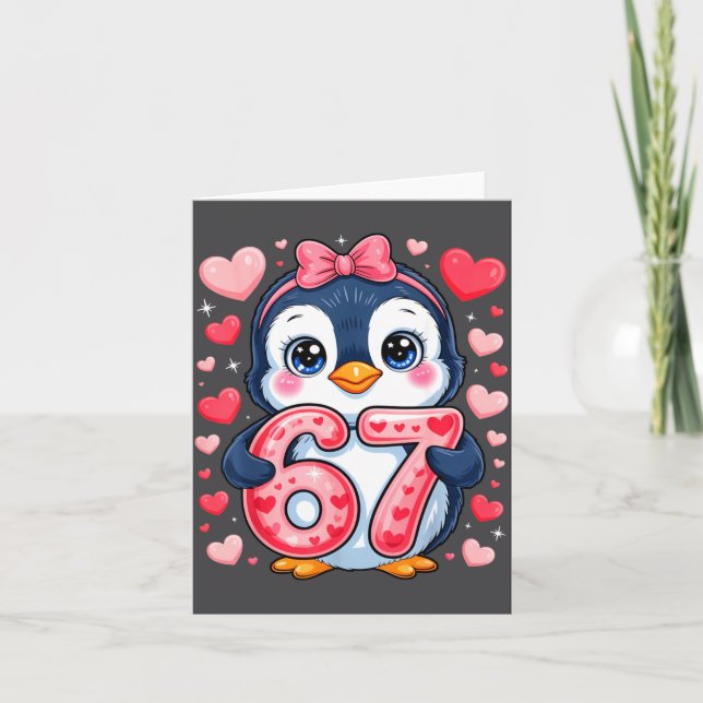 Carte Cute Penguin 67 Six Seven Valentine Hearts 6 7 Mem (Devant)
