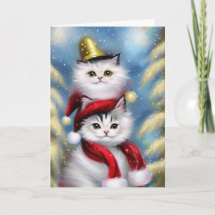 Carte Cute Petits Chats de Noël blancs avec Casquette d'