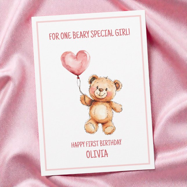 Carte Cute Pink Balloon Teddy Bear Happy 1st Birthday (Cute Pink Balloon Teddy Bear Happy 1st Birthday Card)