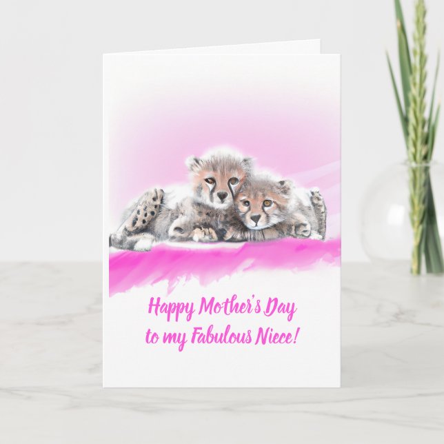 Carte Cute Pink Cheetah Cubs Fabuleux nièce Fête des Mèr (Devant)