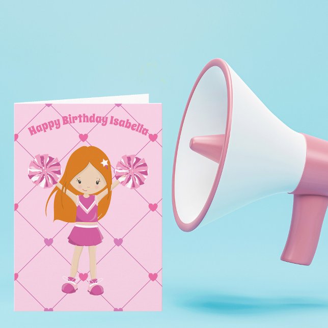 Carte Cute Pom-pom girl rouge personnalisé rose Annivers (Créateur téléchargé)