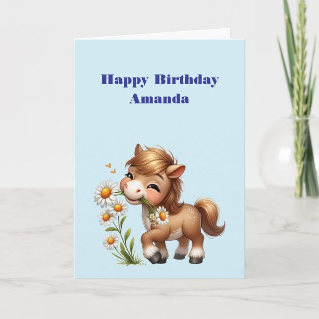 Carte Cute Pony Mange Daisées Anniversaire (Devant)